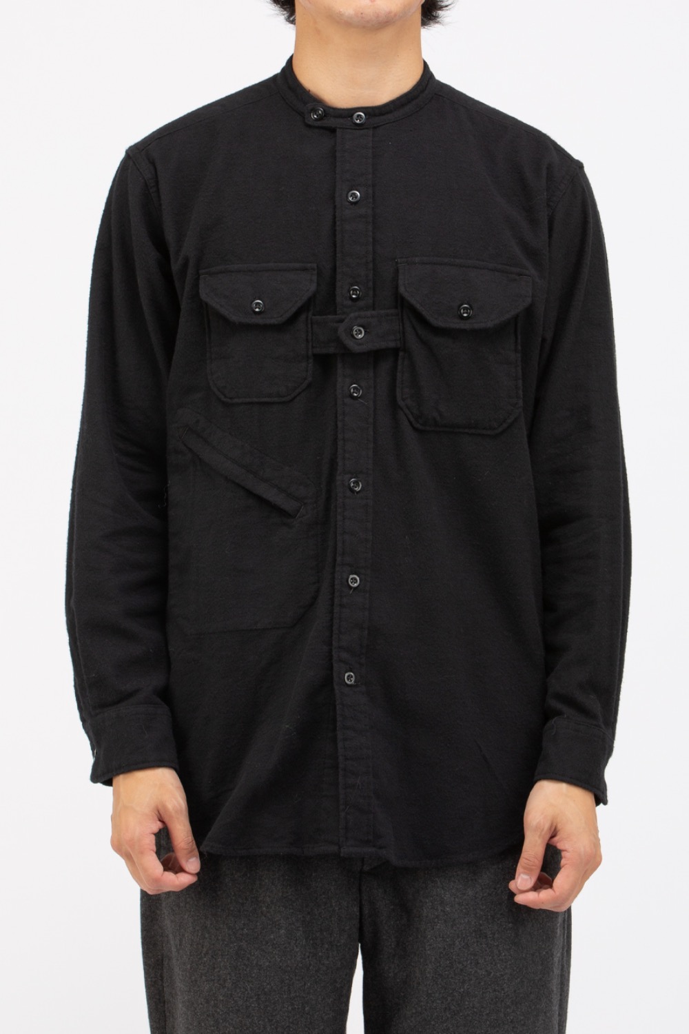 BANDED COLLAR SHIRT BLACK SOLID COTTON FLANNEL