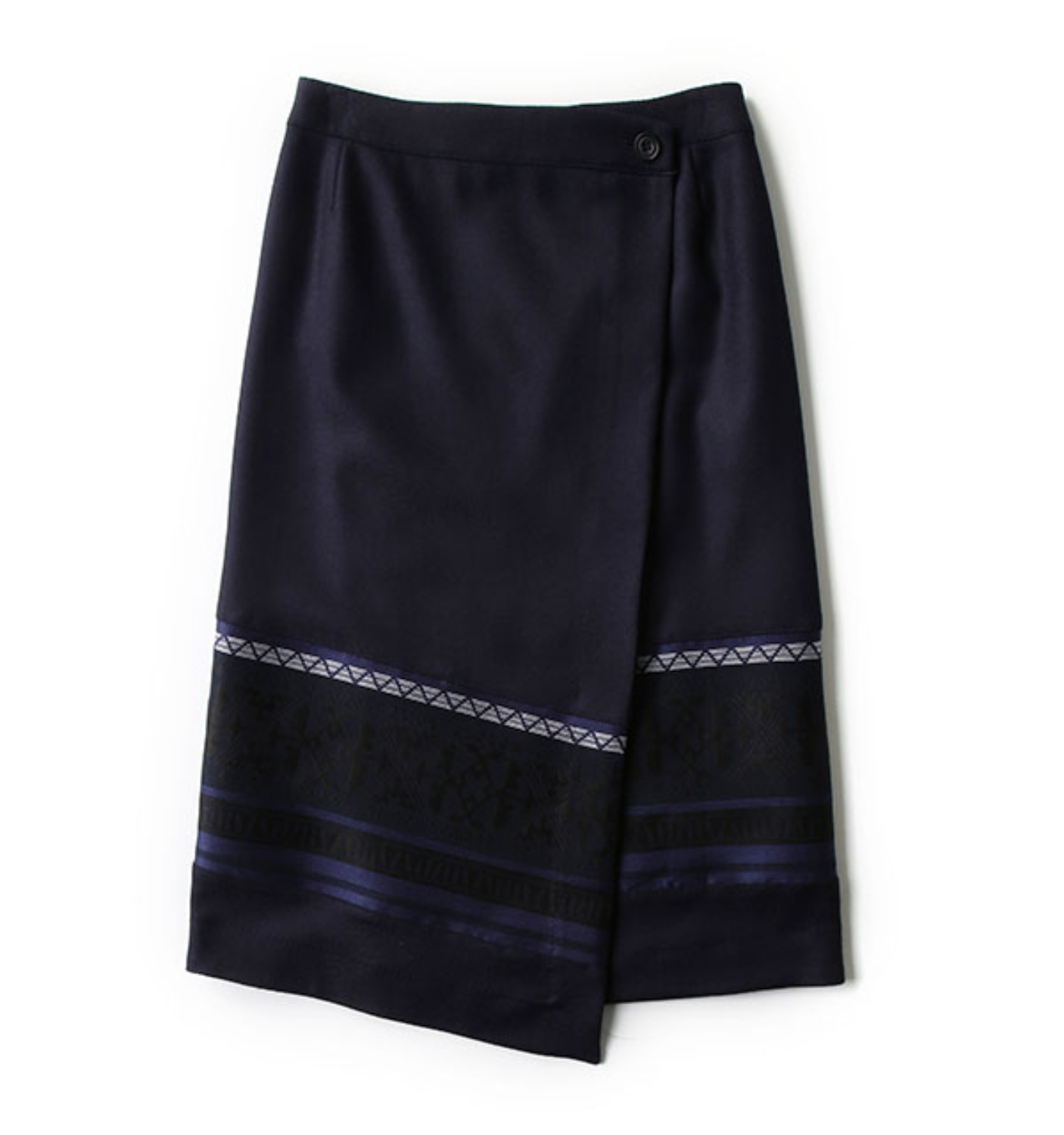 WOOL TWILL PRIMITIVE PATTERN JACQUARD CONTRASTED WRAPPED SKIRT NAVY (WL1673301)