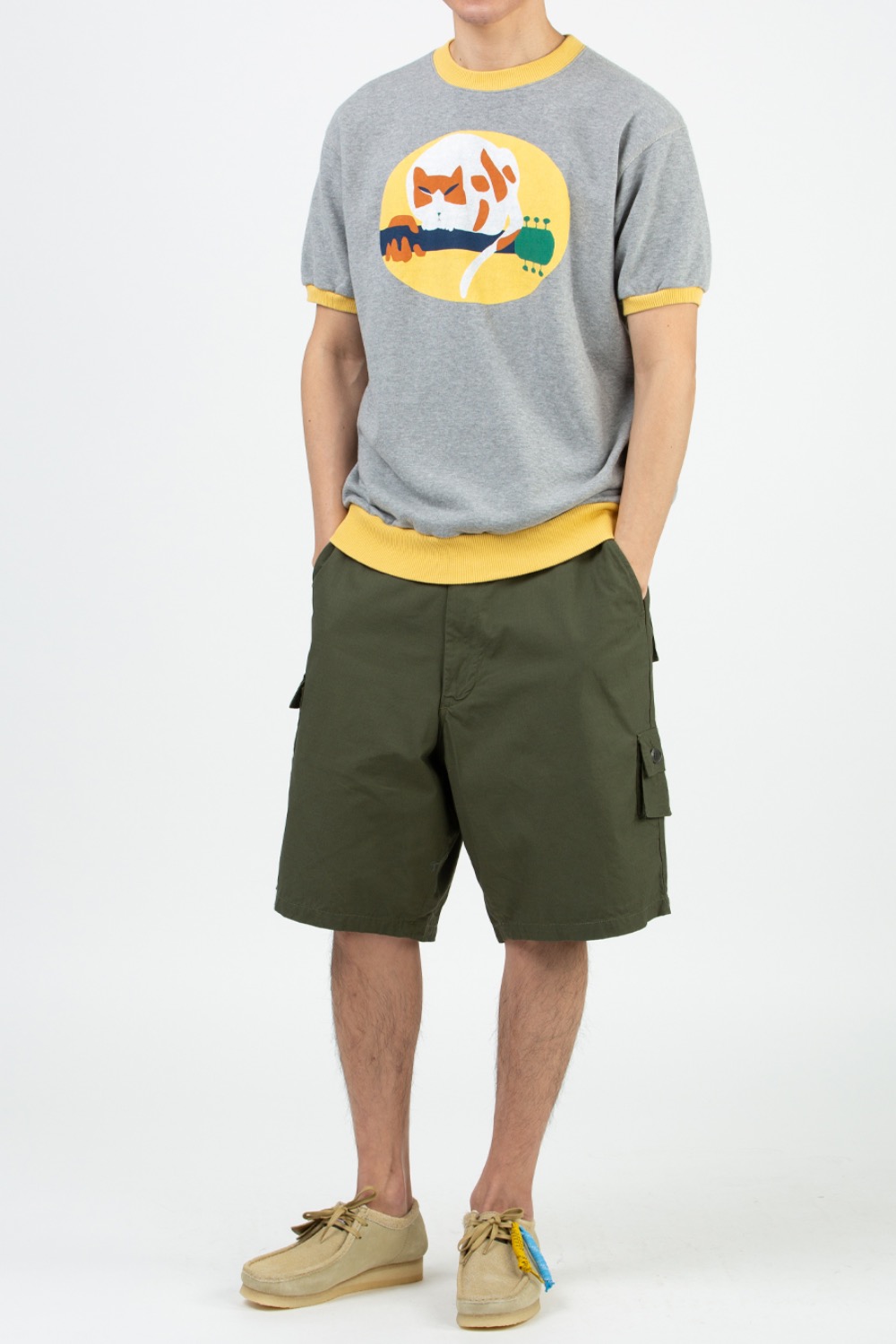 ECO SWT KNIT RINGER S/S SWT(FAT CAT ON LEGEND LIVE) GREY/YELLOW