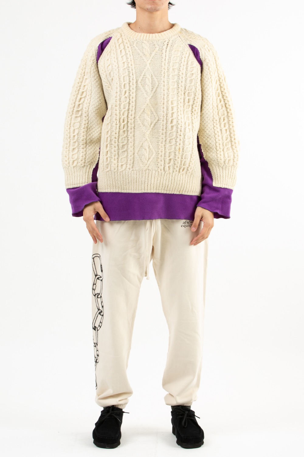 REBUILD BY NEEDLES FISHERMAN SWEATER -&gt; COVERED SWEATER PURPLE L