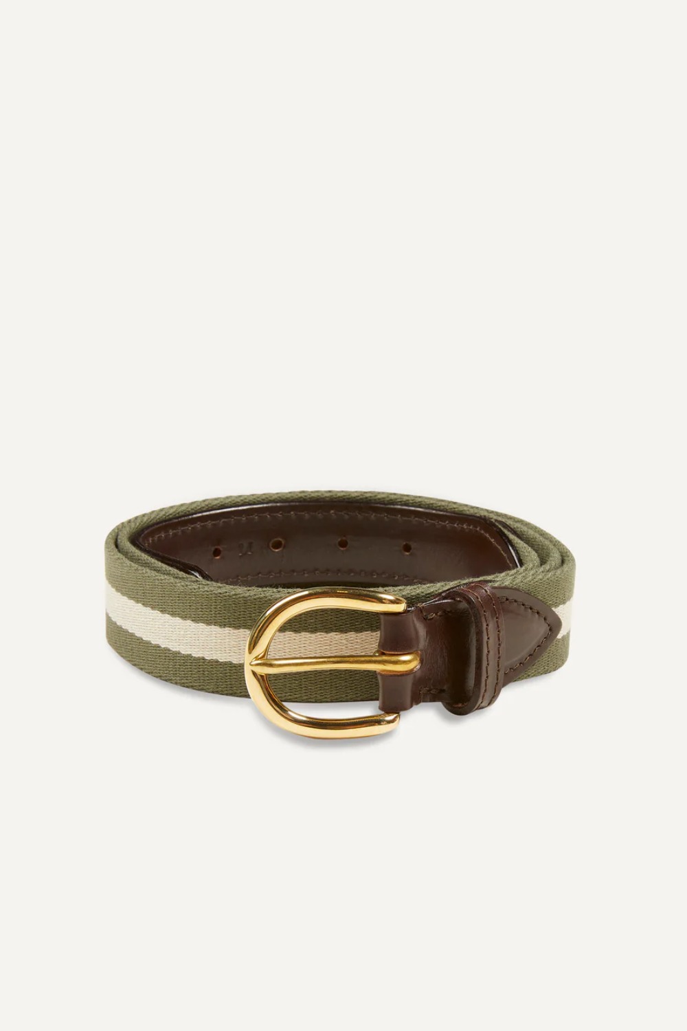 (CARRY OVER)OLIVE AND ECRU STRIPE WEBBING AND LEATHER BELT WITH BRASS BUCKLE