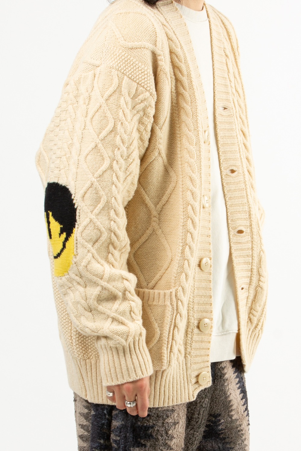 5G WOOL CABLE KNIT ELBOW-CAPITAL CARDIGAN NATURAL