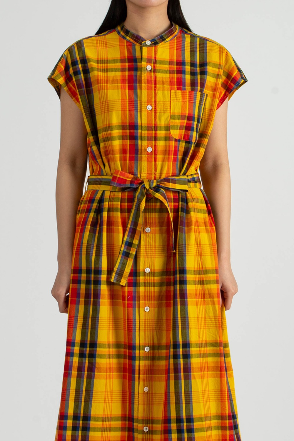 (23SS) BANDED COLLAR DRESS GOLD COTTON PLAID