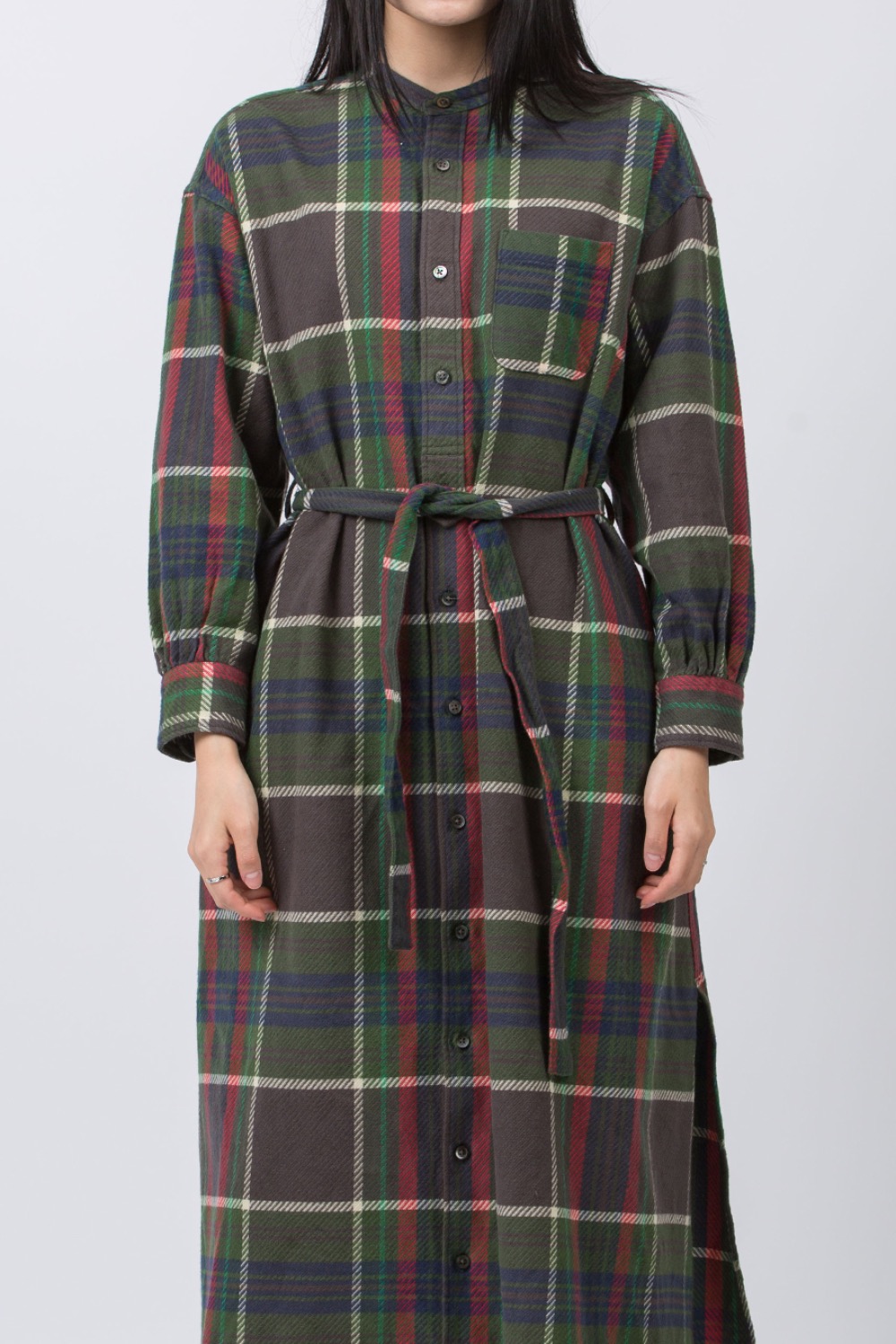 (23FW) BANDED COLLAR DRESS OLIVE COTTON HEAVY TWILL PLAID