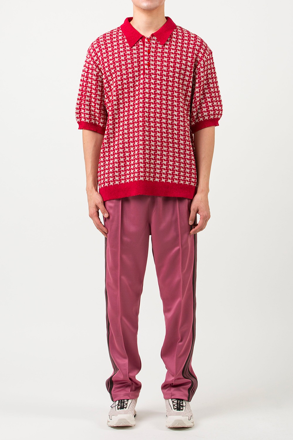 (23SS) RED NEEDLES POLO SWEATER - HOUNDSTOOTH - 스컬